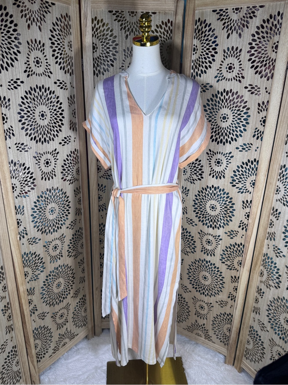 TART Cassia NWT Linen Blend Pastel Stripe Belted Maxi Dress Size S-L